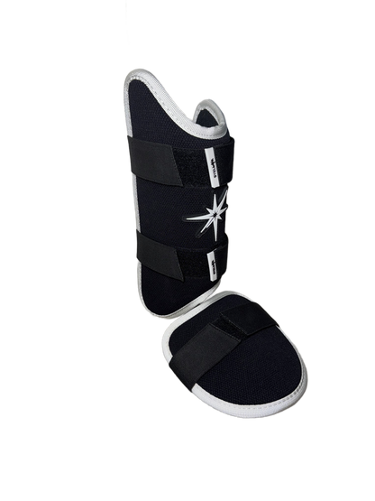 Stellar Leg Guard featuring a protective shell, adjustable straps, and ergonomic design for hitters.