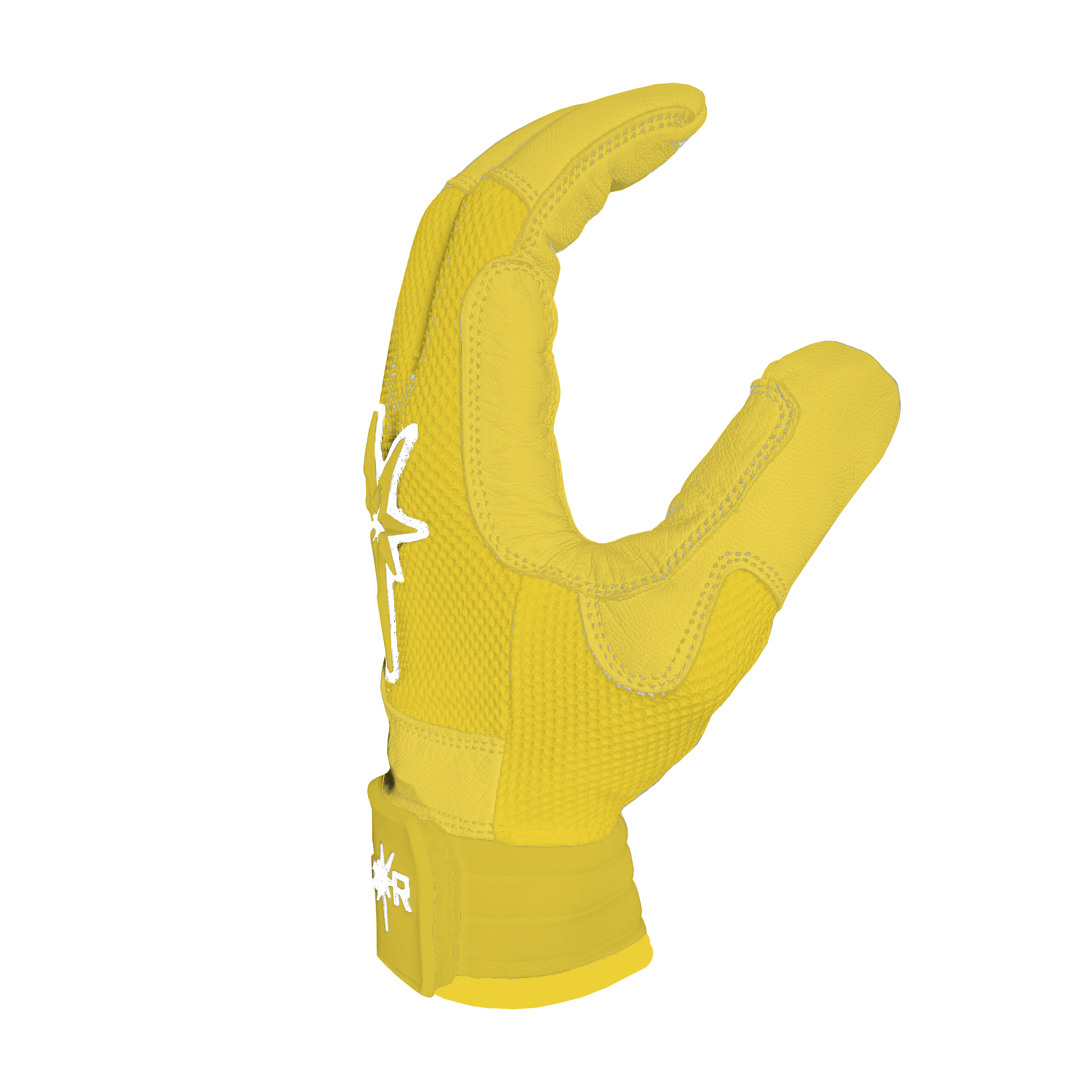 Yellow glove with a white logo on a white background