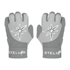 Pair of gray gloves with star designs and 'Stellar' branding on a white background