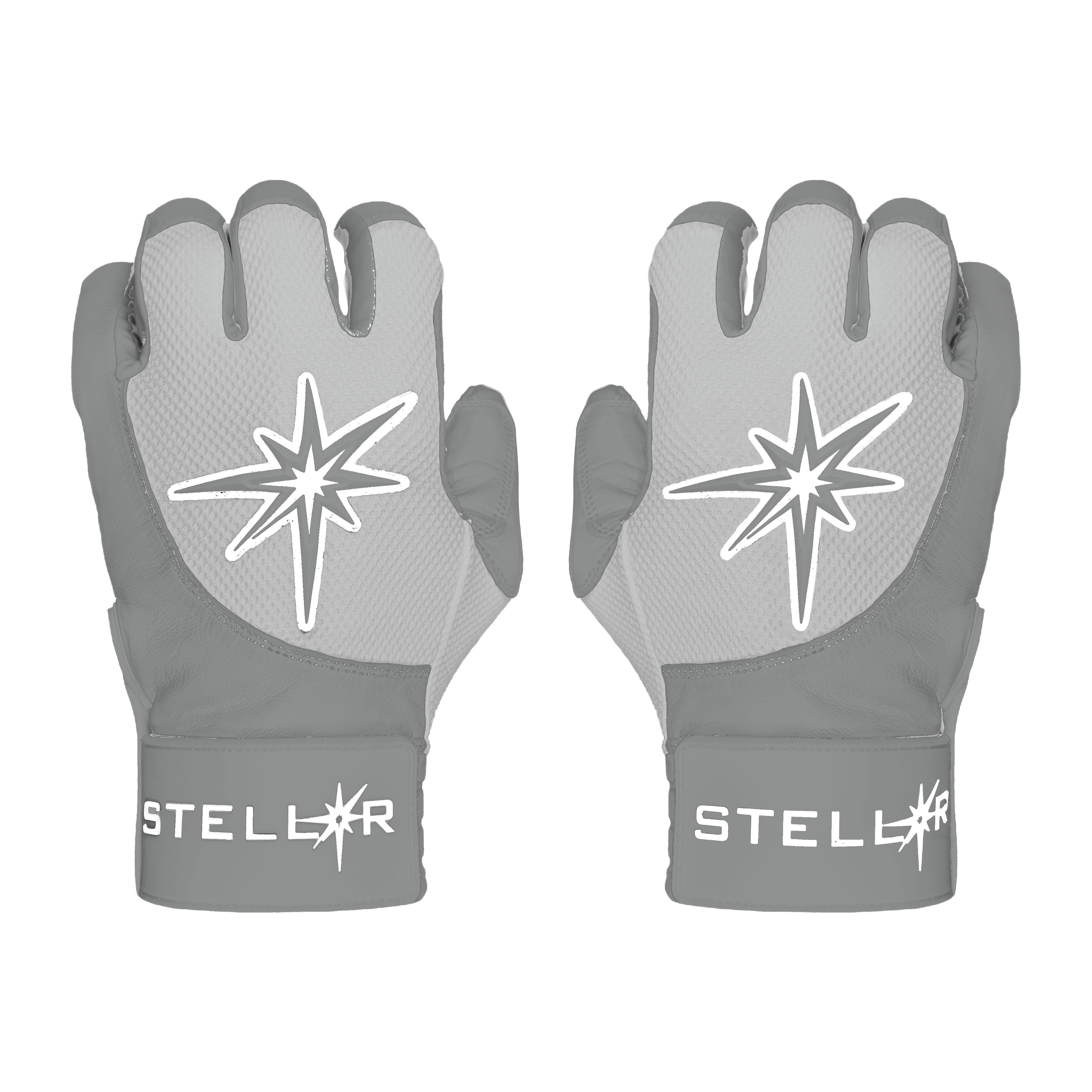 Pair of gray gloves with star designs and 'Stellar' branding on a white background