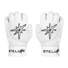 Pair of white gloves with black star designs and 'Stellar' branding on a white background