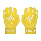 Yellow gloves with white star design and 'Stellar' branding on a white background