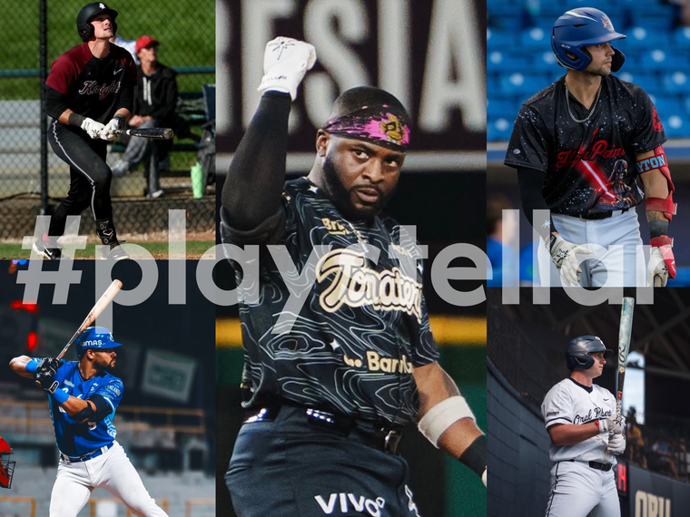 Collage of baseball players in action with a prominent player in the center wearing a black jersey with branding.